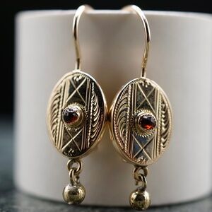 c.1890 14k Victorian Garnet Dangle & Drop Earrings Kidney Wires Antique